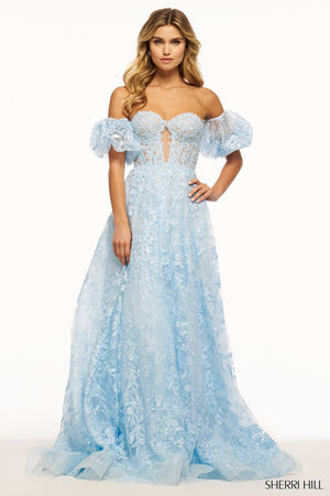 Sherri Hill 56073 prom dress images.  Sherri Hill 56073 is available in these colors: Light Blue, Ivory, Blush.
