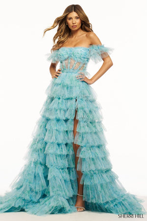 Sherri Hill 56074 prom dress images.  Sherri Hill 56074 is available in these colors: Aqua Print, Light Pink Print.