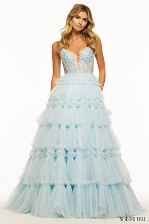 Sherri Hill 56102 prom dress images.  Sherri Hill 56102 is available in these colors: Light Blue, Ivory, Pink, Black, Red, Light Champagne, Periwinkle, Lilac, Magenta.