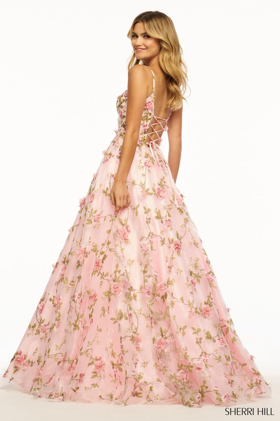 Sherri Hill 56107 prom dress images.  Sherri Hill 56107 is available in these colors: Pink, Lilac, Yellow.