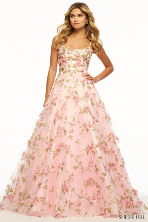 Sherri Hill 56107 prom dress images.  Sherri Hill 56107 is available in these colors: Pink, Lilac, Yellow.