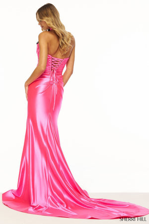 Sherri Hill 56119 prom dress images. Sherri Hill 56119 is available in these colors: Candy Pink, Light Blue, Black Black, Red Black, Dusty Rose, Ivory Black, Yellow Black.
