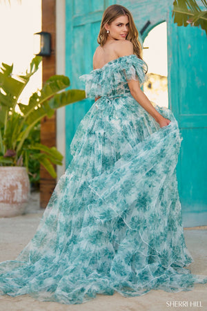 Sherri Hill 56128 prom dress images.  Sherri Hill 56128 is available in these colors: Green Print.