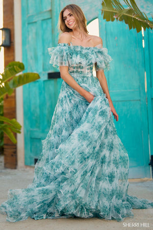 Sherri Hill 56128 prom dress images.  Sherri Hill 56128 is available in these colors: Green Print.