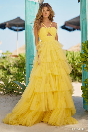 Sherri Hill 56132 prom dress images.  Sherri Hill 56132 is available in these colors: Black, Dreamcicle, Yellow, Red, Bright Royal, Light Blue, Fuchsia, Hot Pink, Lilac.