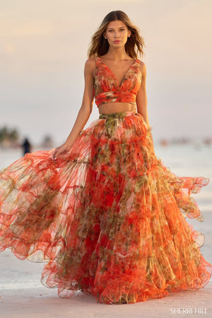 Sherri Hill 56151 prom dress images.  Sherri Hill 56151 is available in these colors: Orange Print.