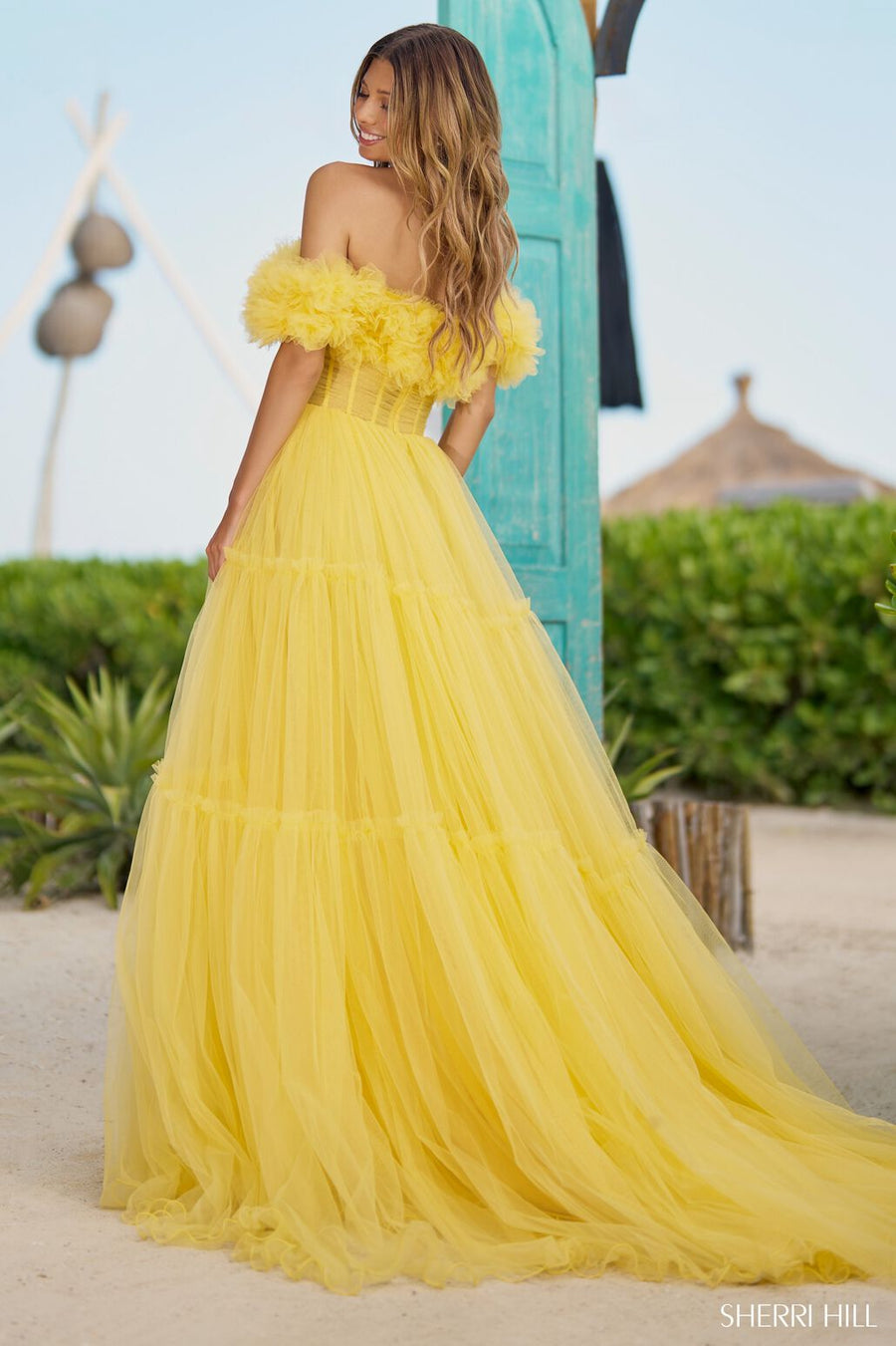 Sherri Hill 56173 prom dress images.  Sherri Hill 56173 is available in these colors: Yellow, Red, Lilac, Black, Candy Pink, Ivory, Fuchsia.