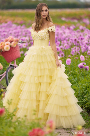 Sherri Hill 56199 prom dress images.  Sherri Hill 56199 is available in these colors: Yellow, Ivory, Light Blue, Black, Pink.