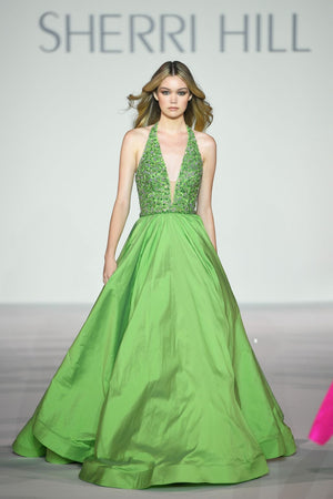 Sherri Hill 56213 prom dress images.  Sherri Hill 56213 is available in these colors: Peacock, Black, Red, Bright Fuchsia, Bright Yellow, Chartreuse, Light Blue, Aqua, Ivory, Jade.