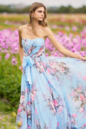 Sherri Hill 56234 prom dress images.  Sherri Hill 56234 is available in these colors: Ivory Print, Aqua Print, Yellow Print, Lilac Print, Periwinkle Print.