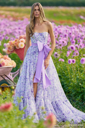 Sherri Hill 56243 prom dress images.  Sherri Hill 56243 is available in these colors: Lilac Print.