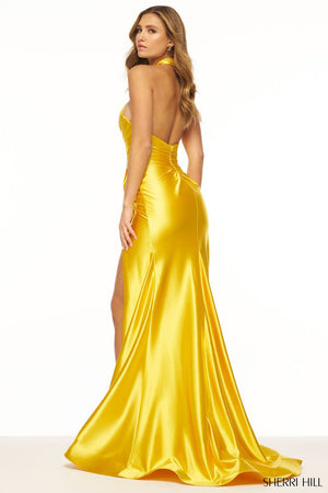 Sherri Hill 56259 prom dress images.  Sherri Hill 56259 is available in these colors: Yellow, Black, Fuchsia, Ivory, Moss, Navy, Orange, Red, Peacock, Rose Gold, Silver.