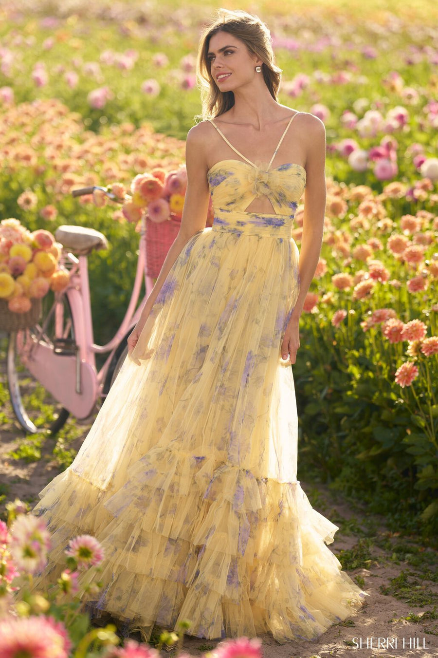 Sherri Hill 56279 prom dress images.  Sherri Hill 56279 is available in these colors: Yellow Print.