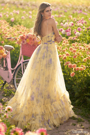 Sherri Hill 56279 prom dress images.  Sherri Hill 56279 is available in these colors: Yellow Print.