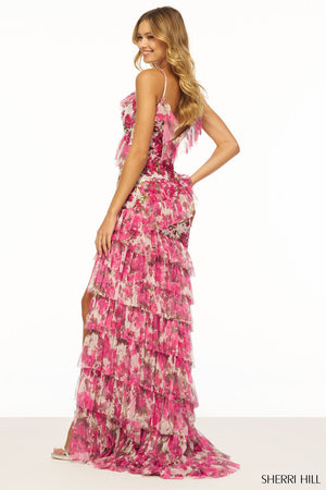 Sherri Hill 56307 prom dress images.  Sherri Hill 56307 is available in these colors: Ivory Fuchsia Print.