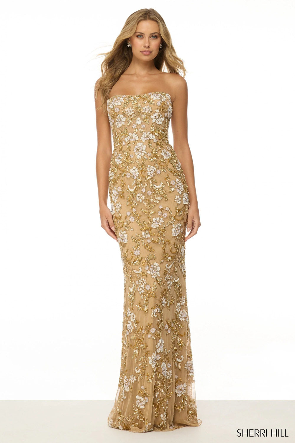 Sherri Hill 57107 prom dress images.  Sherri Hill 57107 is available in these colors: Nude Ivory Gold.