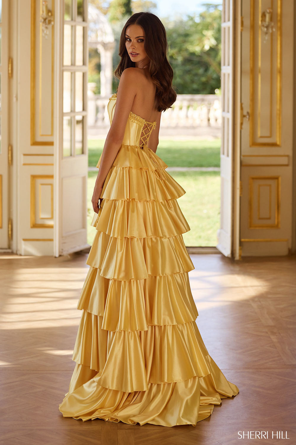 Sherri Hill 57169 prom dress images.  Sherri Hill 57169 is available in these colors: Lilac, Ivory, Pink, Light Blue, Black, Red, Yellow.