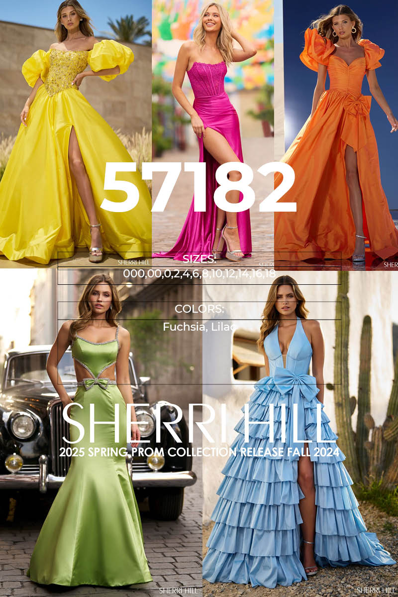 Sherri Hill 57182 prom dress images.  Sherri Hill 57182 is available in these colors: Fuchsia, Lilac.