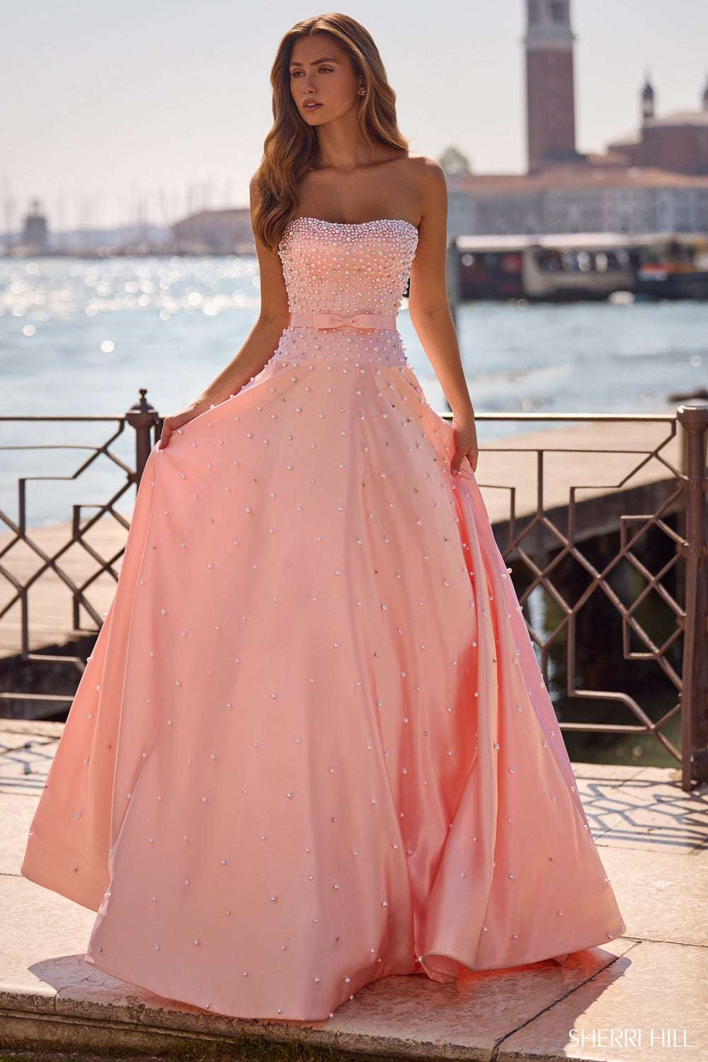 Sherri Hill 57235 prom dress images.  Sherri Hill 57235 is available in these colors: Black, Blush, Light Blue, Ivory, Aqua.