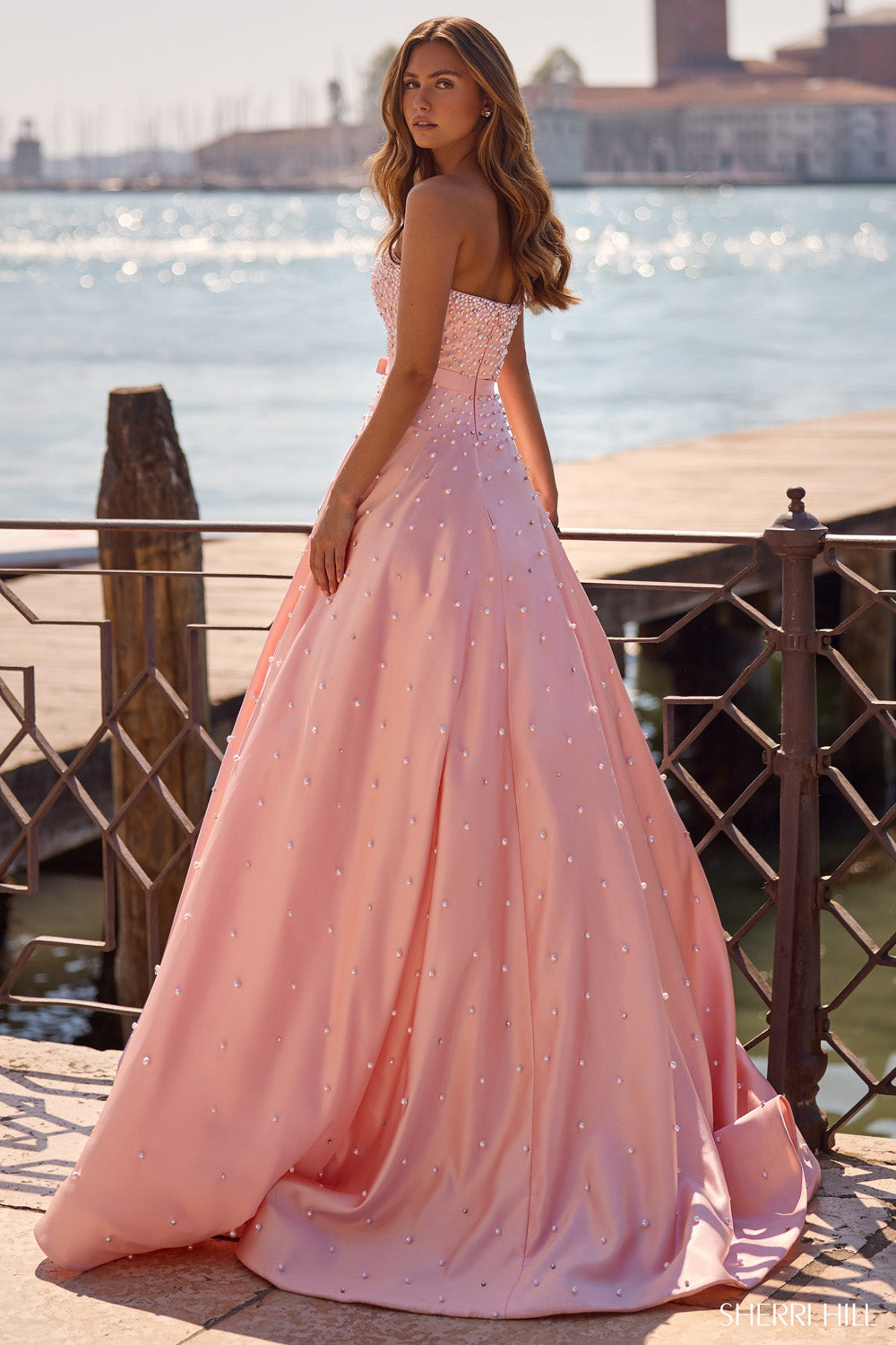 Sherri Hill 57235 prom dress images.  Sherri Hill 57235 is available in these colors: Black, Blush, Light Blue, Ivory, Aqua.