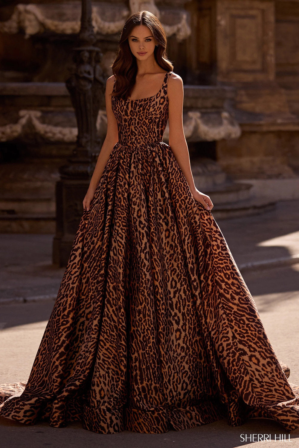 Sherri Hill 57472 prom dress images.  Sherri Hill 57472 is available in these colors: Cheetah Print.