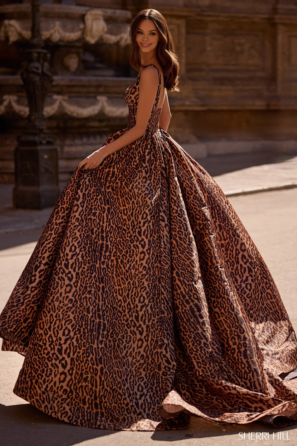 Sherri Hill 57472 prom dress images.  Sherri Hill 57472 is available in these colors: Cheetah Print.