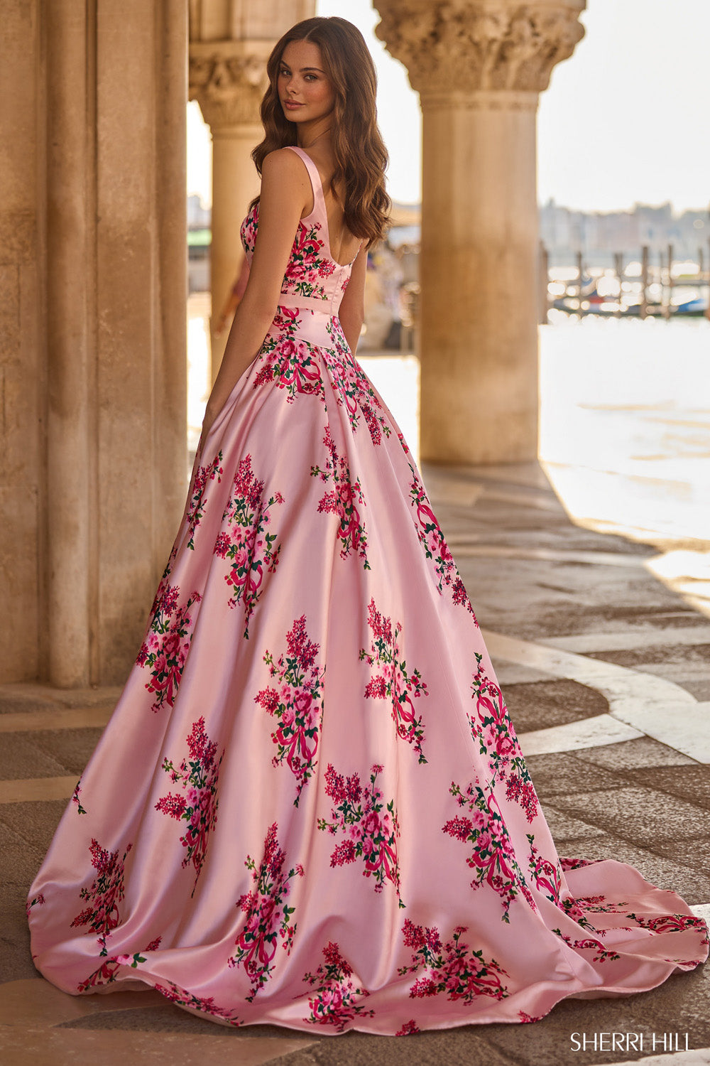 Sherri Hill 57481 prom dress images.  Sherri Hill 57481 is available in these colors: Pink Print.