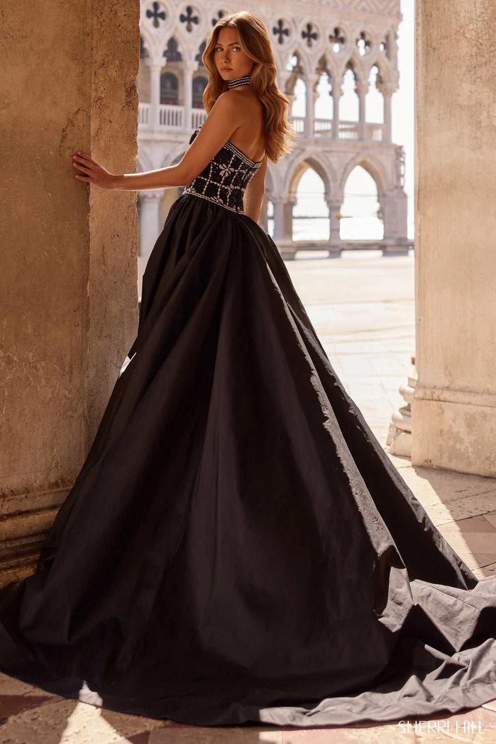 Sherri Hill 57496 prom dress images.  Sherri Hill 57496 is available in these colors: Black Ivory Silver, Candy Pink Ivory Silver, Navy, Aqua Ivory Silver.