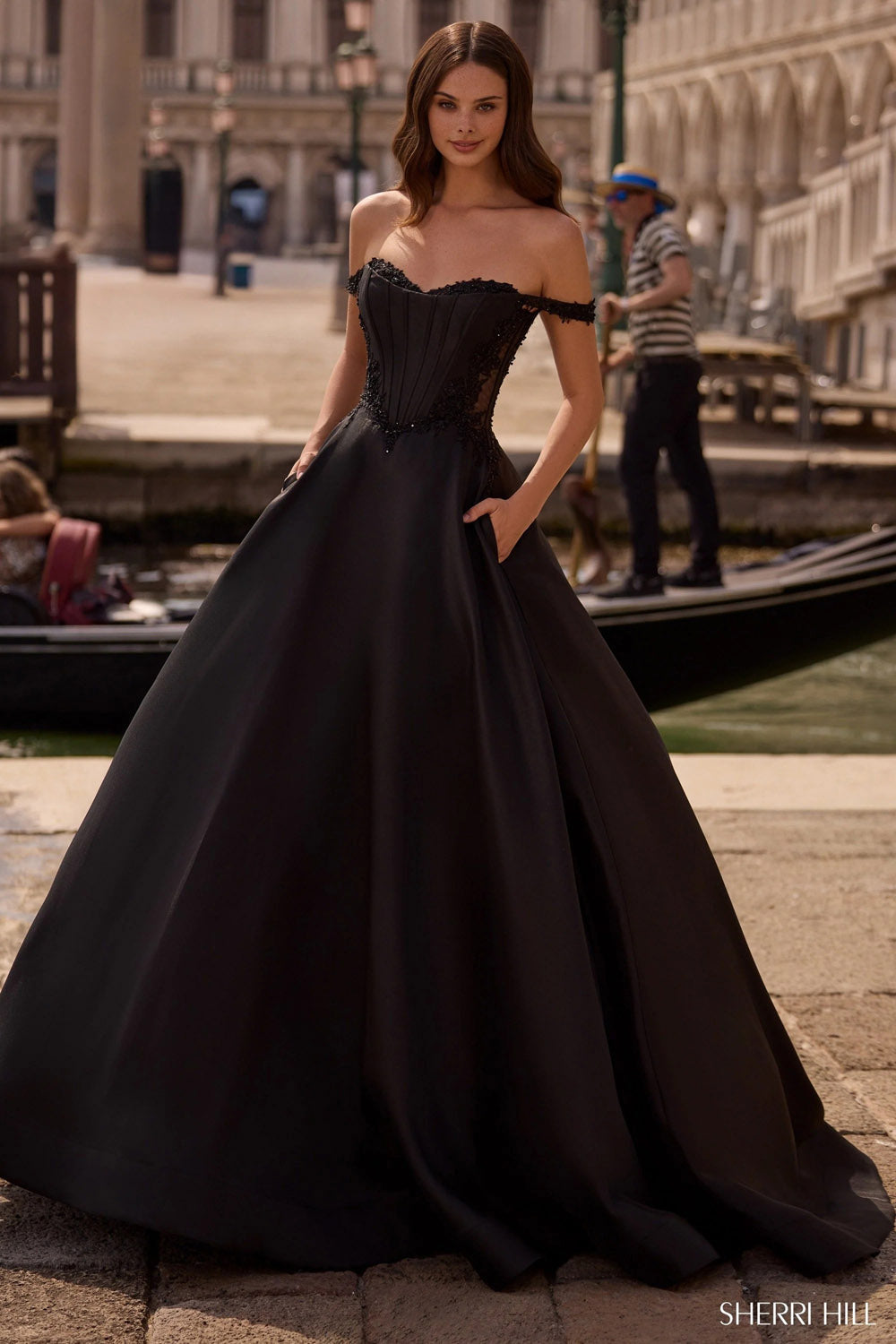 Sherri Hill 57517 prom dress images.  Sherri Hill 57517 is available in these colors: Red, Ivory, Lilac, Light Blue, Navy, Black, Yellow.