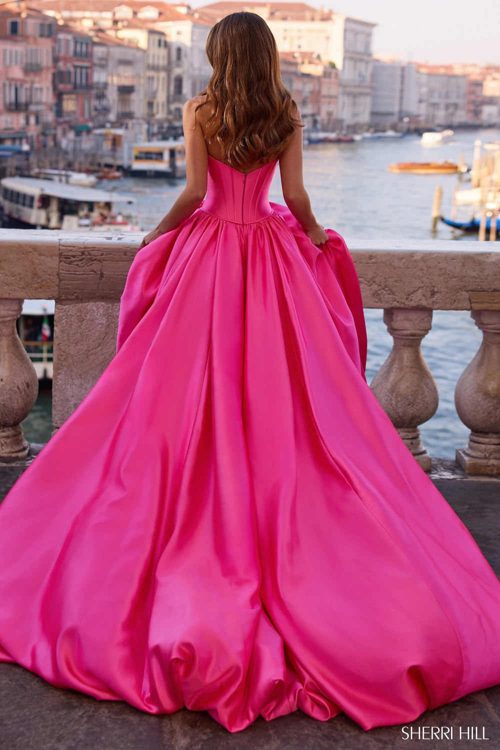 Sherri Hill 57551 prom dress images.  Sherri Hill 57551 is available in these colors: Pink, Yellow, Light Blue, Navy, Ivory, Black, Red, Bright Pink.