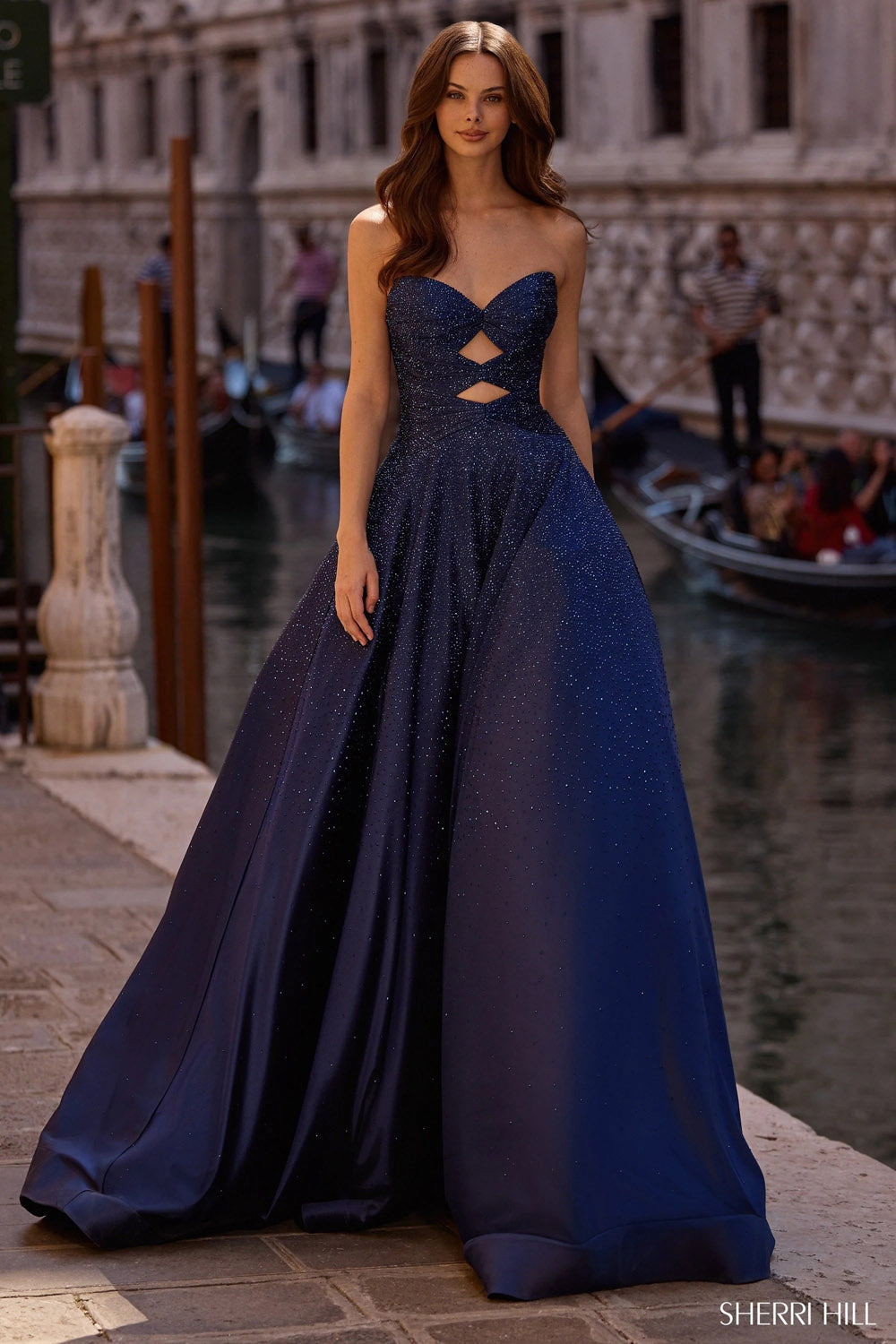 Sherri Hill 57552 prom dress images.  Sherri Hill 57552 is available in these colors: Light Blue, Red, Bright Fuchsia, Black, Blush, Silver, Yellow, Orange, Royal, Peacock, Navy.