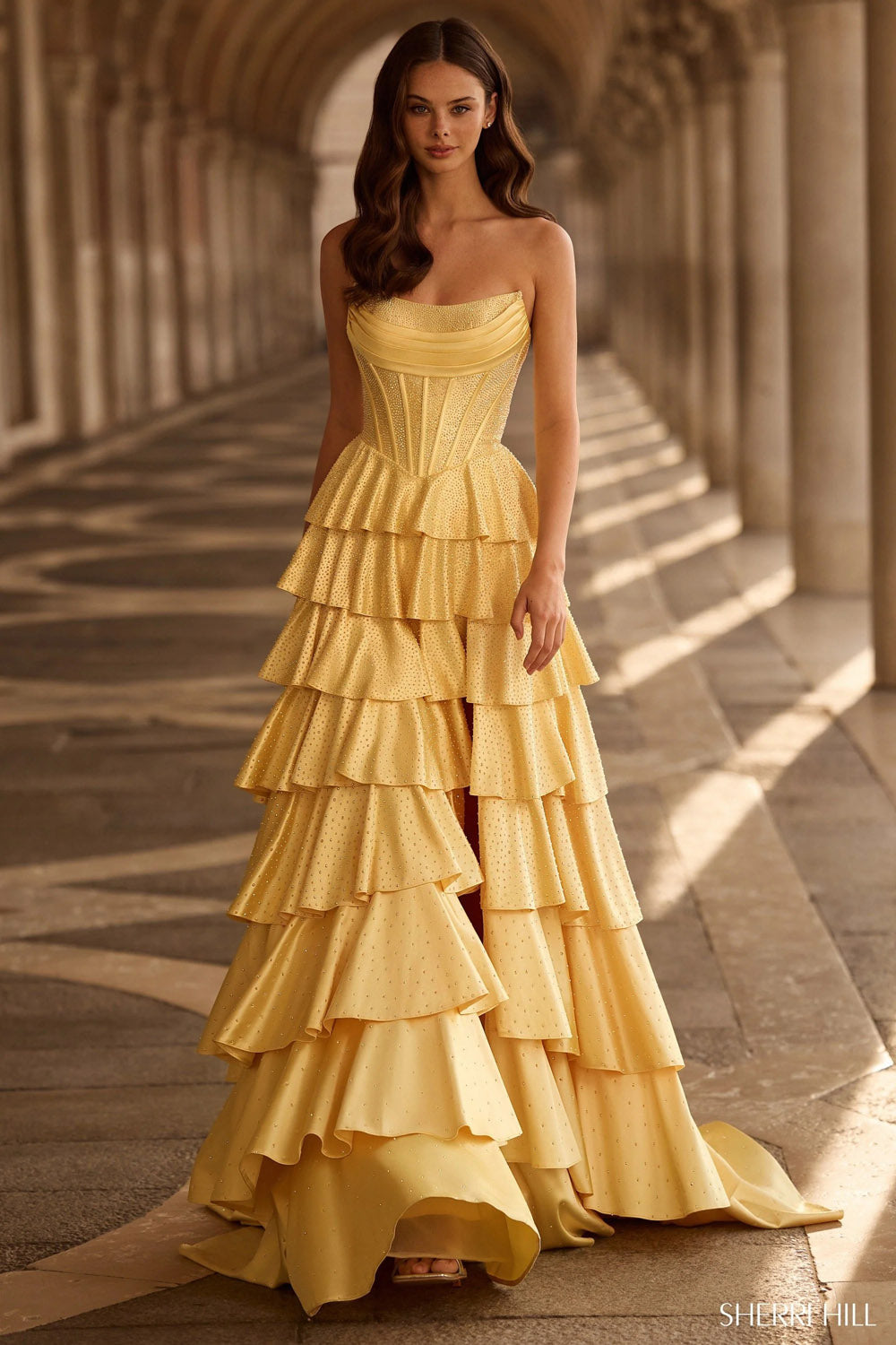 Sherri Hill 57567 prom dress images.  Sherri Hill 57567 is available in these colors: Silver, Royal, Red, Peacock, Orange, Navy, Lilac, Light Champagne, Emerald, Bright Fuchsia, Pink, Yellow, Black, Nude Silver, Light Blue, Periwinkle.