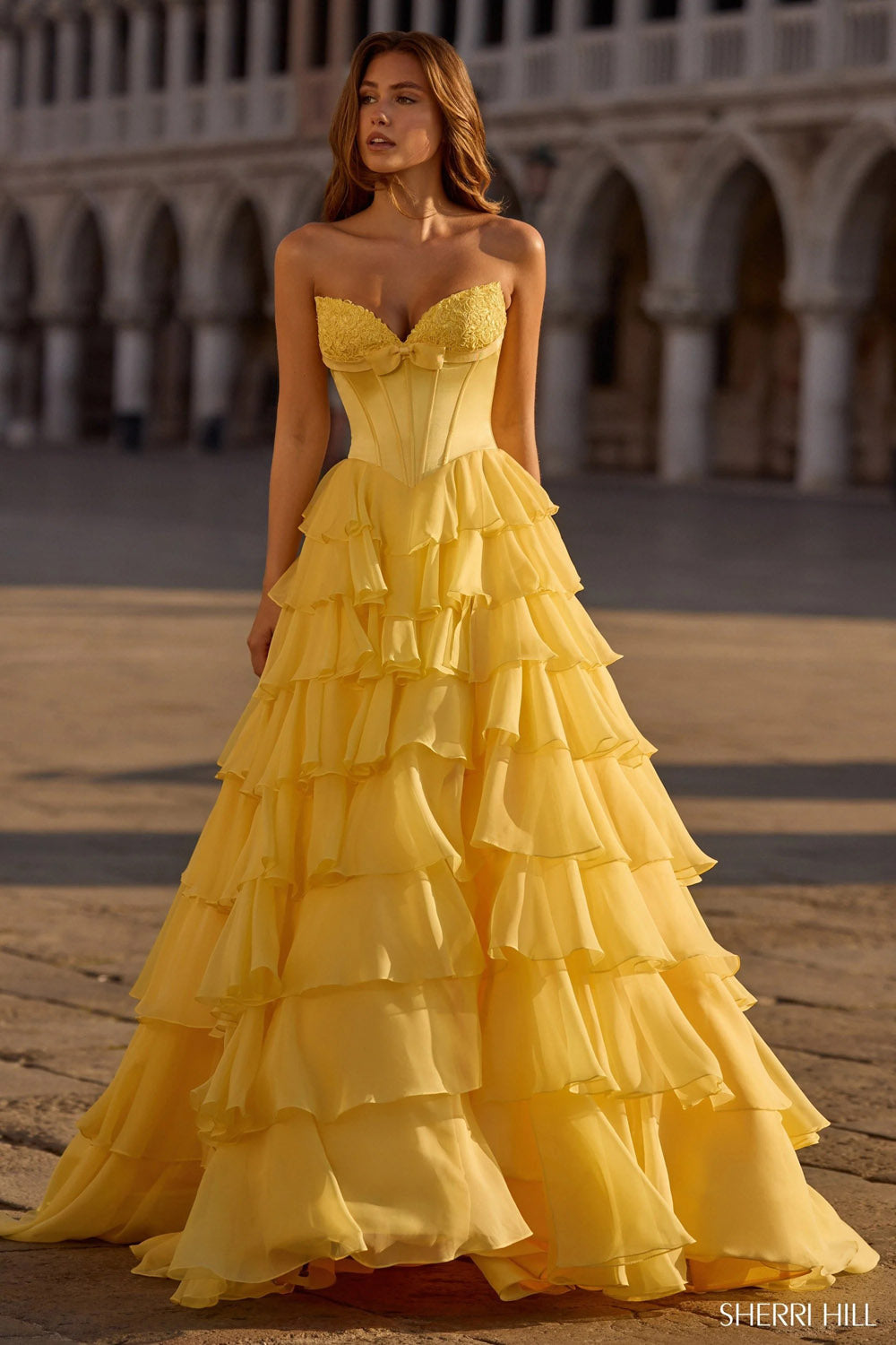 Sherri Hill 57586 prom dress images.  Sherri Hill 57586 is available in these colors: Emerald, Royal, Red, Candy Pink, Ivory, Periwinkle, Light Blue, Black, Aqua, Yellow, Blush, Bright Pink.