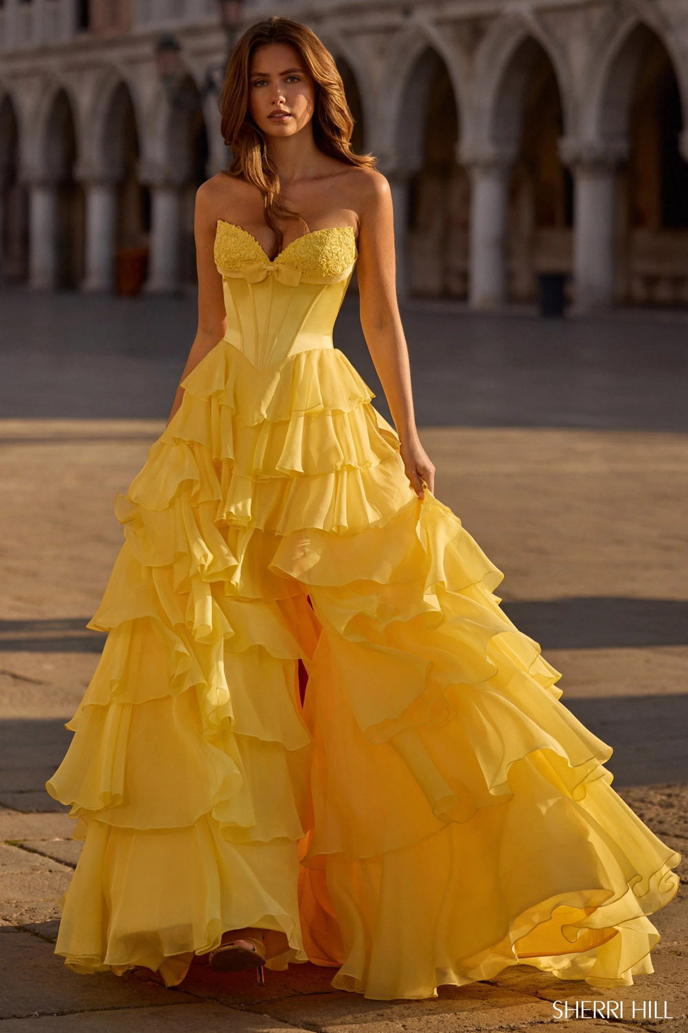 Sherri Hill 57586 prom dress images.  Sherri Hill 57586 is available in these colors: Emerald, Royal, Red, Candy Pink, Ivory, Periwinkle, Light Blue, Black, Aqua, Yellow, Blush, Bright Pink.