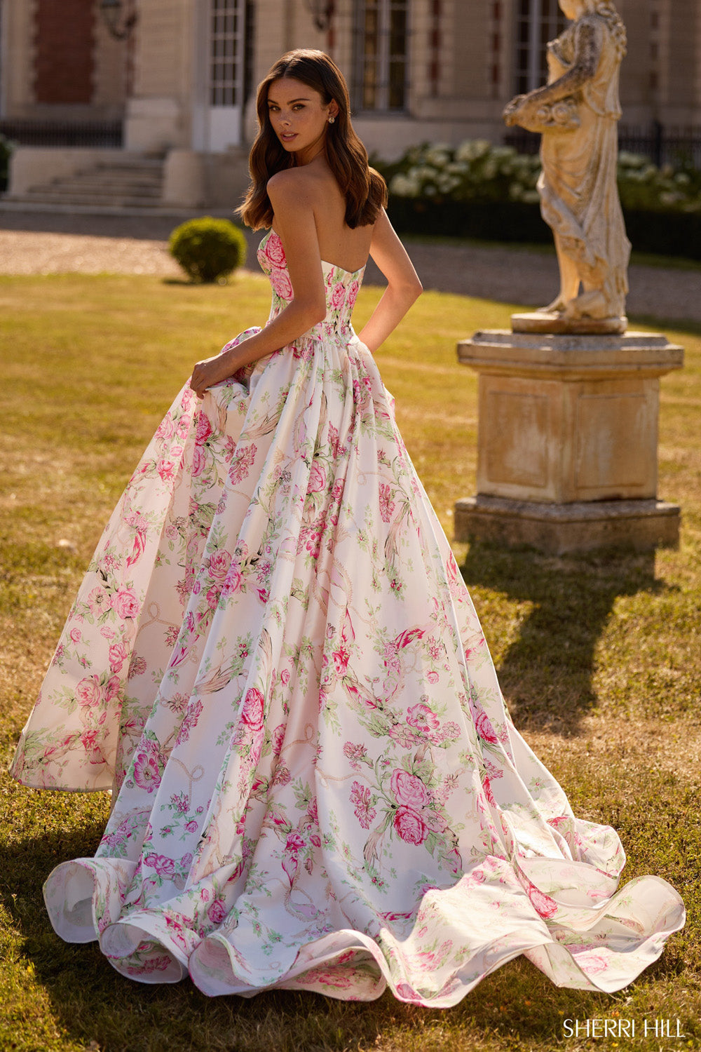 Sherri Hill 57667 prom dress images.  Sherri Hill 57667 is available in these colors: Light Yellow Print, Light Pink Print, Ivory Print, Aqua Print, Periwinkle Print .