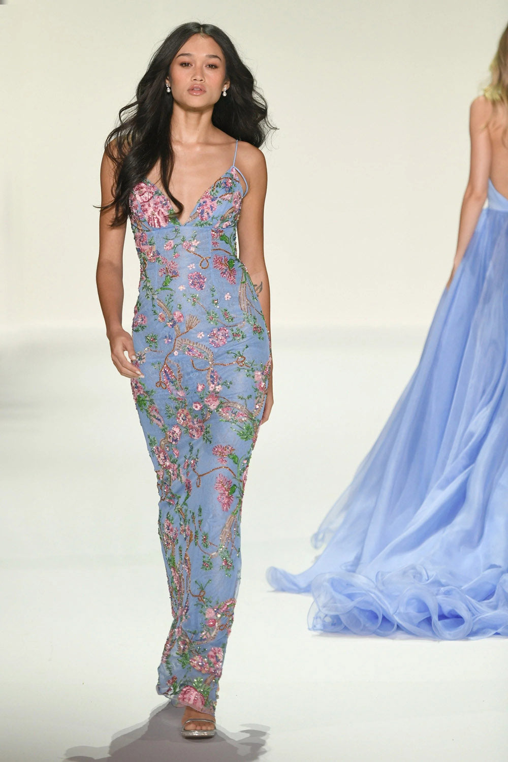 Sherri Hill 57670 prom dress images.  Sherri Hill 57670 is available in these colors: Light Pink Print, Ivory Print, Lilac Print, Light Yellow Print, Periwinkle Print.