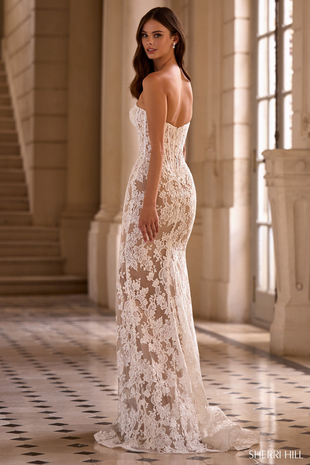 Sherri Hill 57685 prom dress images.  Sherri Hill 57685 is available in these colors: Red Nude, Navy Nude, Black Nude, Ivory Blue, Ivory Nude.