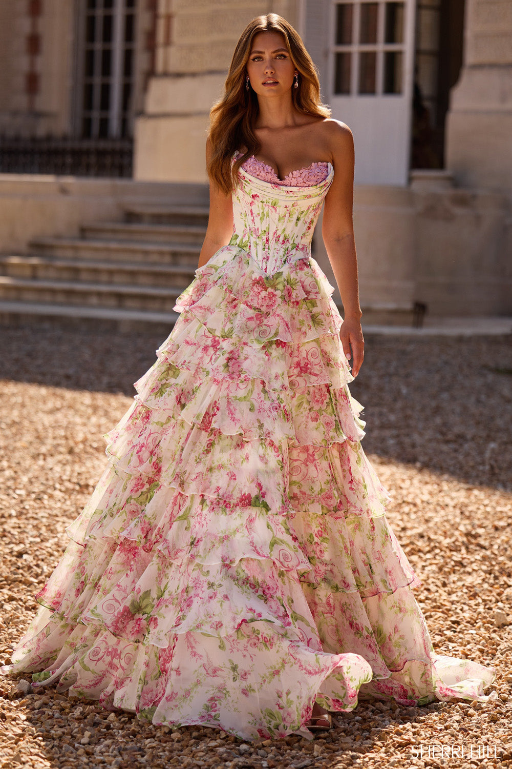 Sherri Hill 57693 prom dress images.  Sherri Hill 57693 is available in these colors: Ivory Pink Green Print.