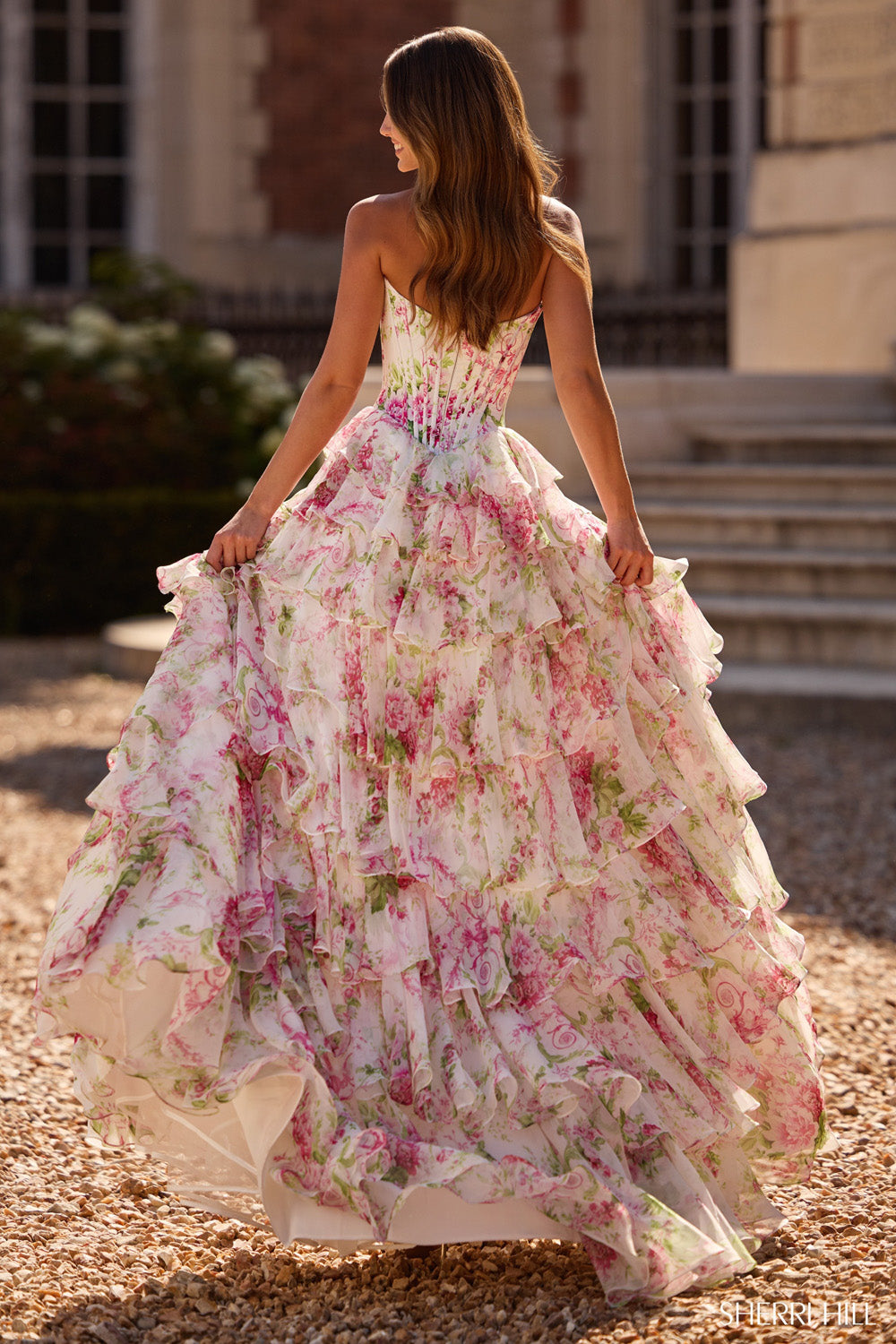 Sherri Hill 57693 prom dress images.  Sherri Hill 57693 is available in these colors: Ivory Pink Green Print.