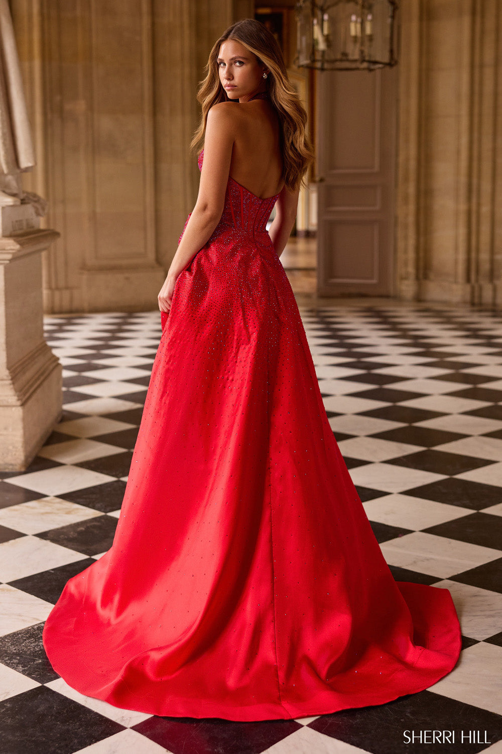 Sherri Hill 57698 prom dress images.  Sherri Hill 57698 is available in these colors: Peacock, Royal, Lilac, Navy, Emerald, Yellow, Bright Pink, Ice Blue, Red, Black.