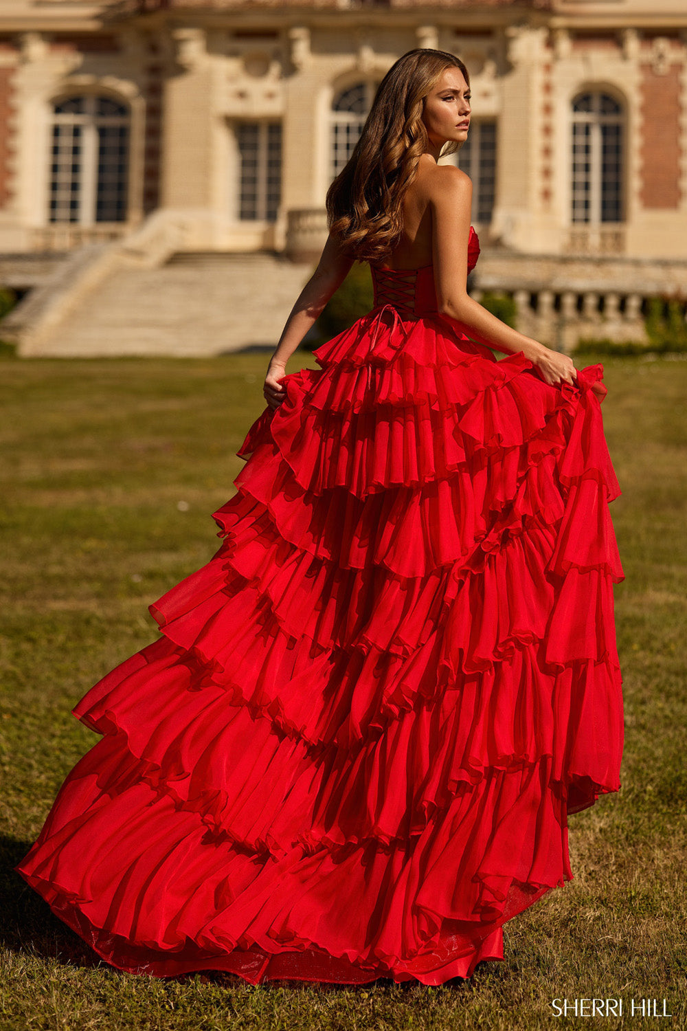 Sherri Hill 57705 prom dress images.  Sherri Hill 57705 is available in these colors: Light Blue, Peacock, Yellow, Periwinkle, Lilac, Emerald, Royal, Bright Fuchsia, Pink, Navy, Black, Red, Orange, Ivory .