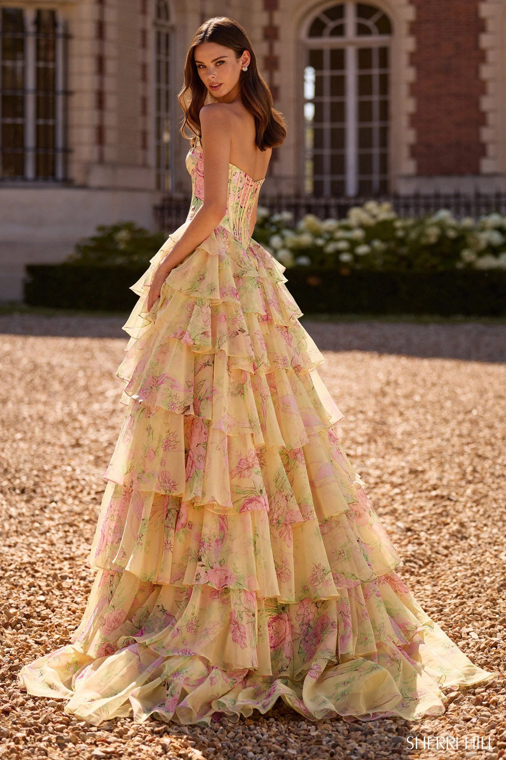 Sherri Hill 57727 prom dress images.  Sherri Hill 57727 is available in these colors: Ivory Print, Light Yellow Print, Pink Print, Periwinkle Print, Aqua Print.
