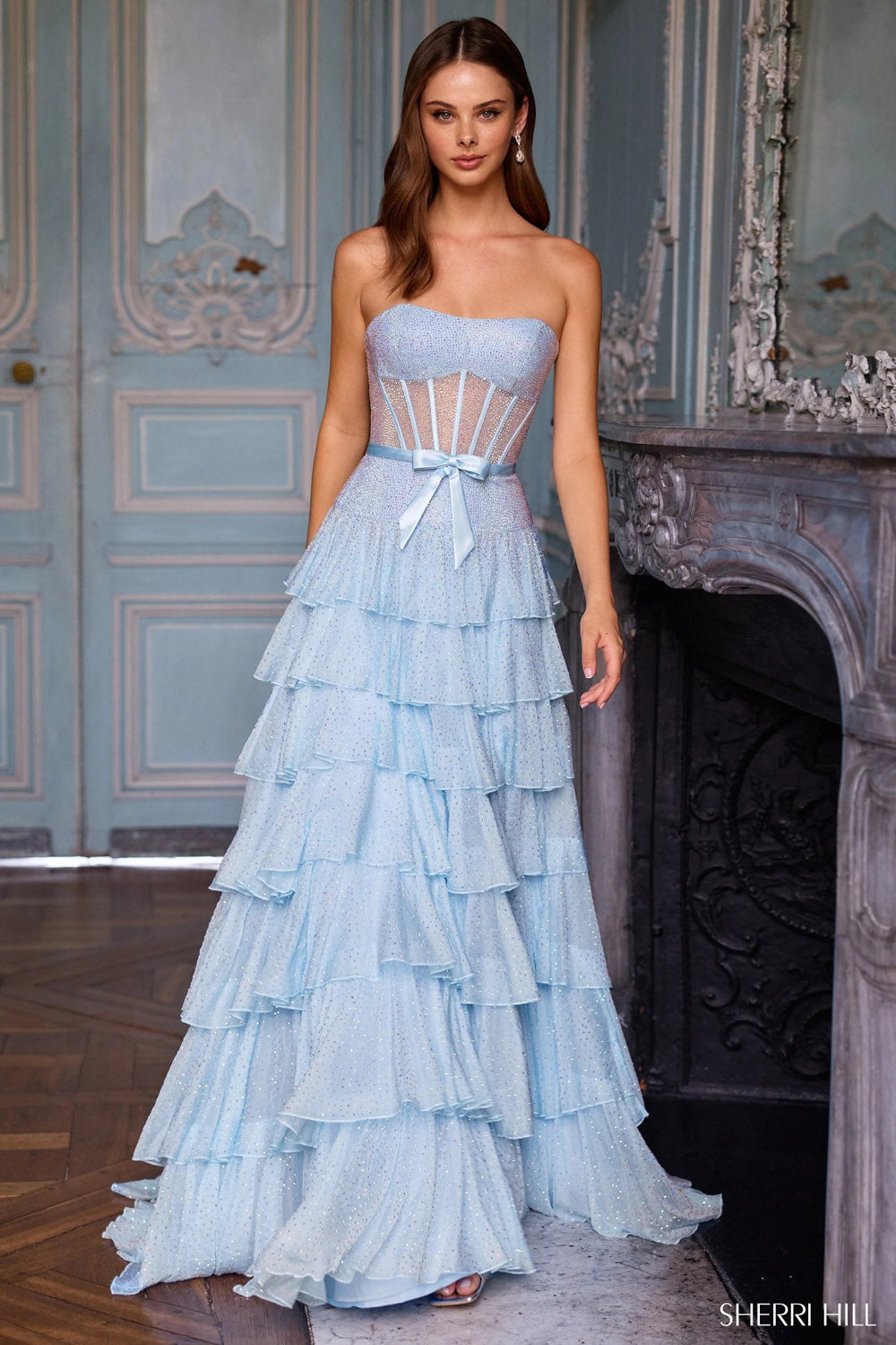 Sherri Hill 57739 prom dress images.  Sherri Hill 57739 is available in these colors: Peacock, Red, Royal, Navy, Bright Fuchsia, Orange, Periwinkle, Pink, Black, Yellow, Light Blue, Lilac, Black Silver .