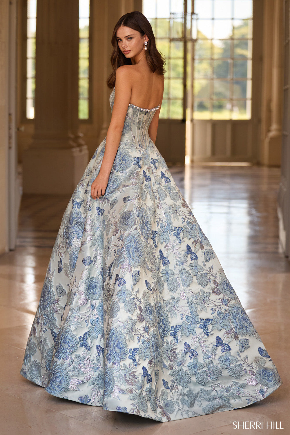 Sherri Hill 57741 prom dress images.  Sherri Hill 57741 is available in these colors: Ivory Print, Green Coral Print, Black Print, Rose Gold Print, Light Blue Print, Lilac Pink Blue Print, Ivory Pink Print.