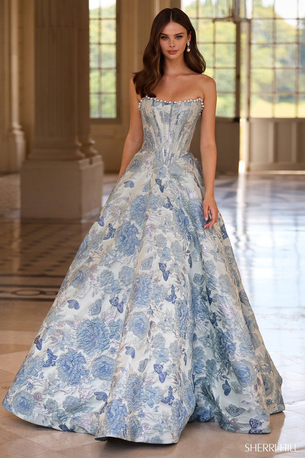 Sherri Hill 57741 prom dress images.  Sherri Hill 57741 is available in these colors: Ivory Print, Green Coral Print, Black Print, Rose Gold Print, Light Blue Print, Lilac Pink Blue Print, Ivory Pink Print.