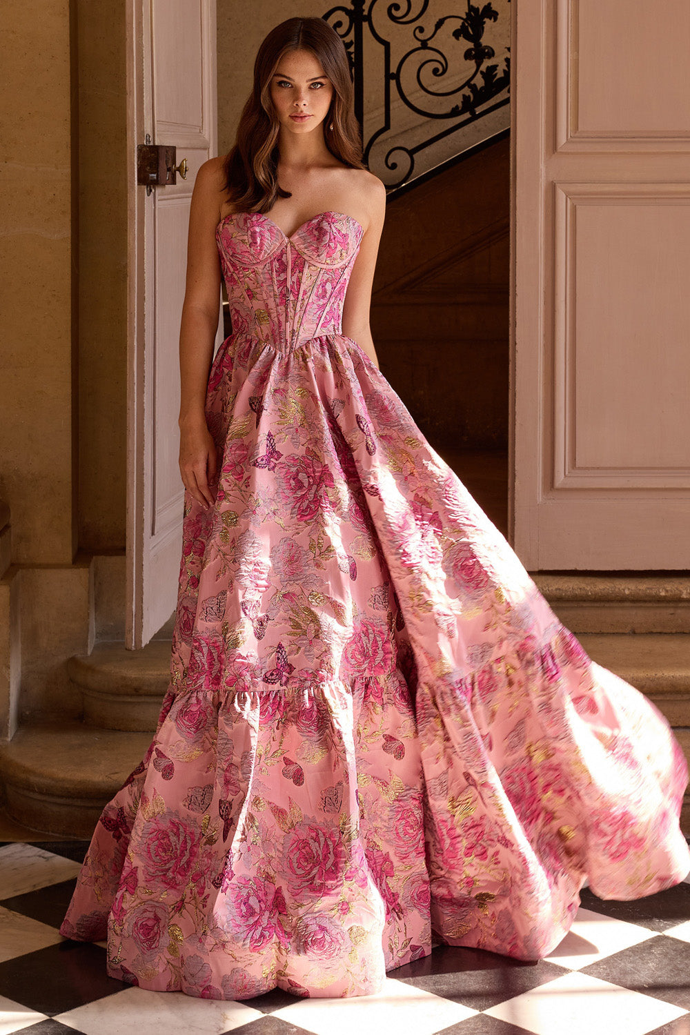 Sherri Hill 57754 prom dress images.  Sherri Hill 57754 is available in these colors: Grey Taupe, Ivory, Pink Red, Black, Light Blue,Nude Multi, Navy.