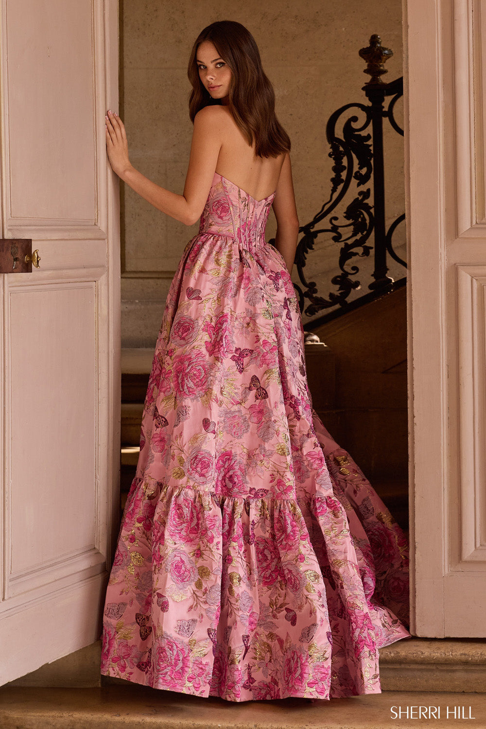 Sherri Hill 57754 prom dress images.  Sherri Hill 57754 is available in these colors: Grey Taupe, Ivory, Pink Red, Black, Light Blue,Nude Multi, Navy.