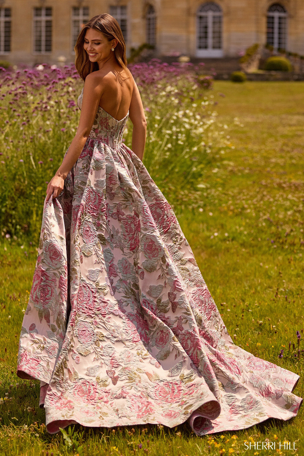 Sherri Hill 57757 prom dress images.  Sherri Hill 57757 is available in these colors: Nude Multi, Grey Taupe, Light Blue, Pink Red, Black, Ivory Green Coral Print, Navy Gunmetal Print, Ivory Pink Print.