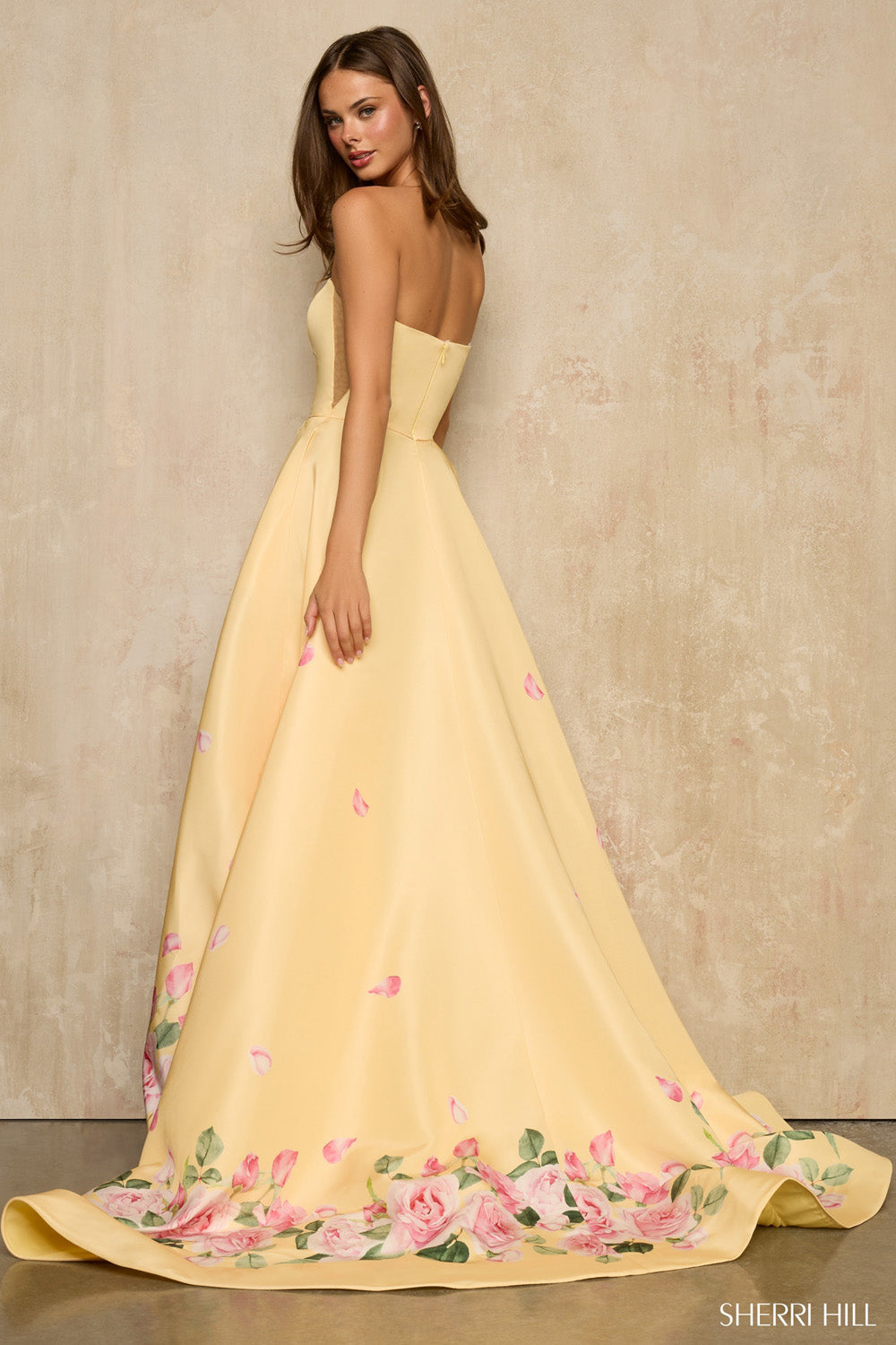 Sherri Hill 57760 prom dress images.  Sherri Hill 57760 is available in these colors: Pink Print, Ivory Print, Yellow Print.
