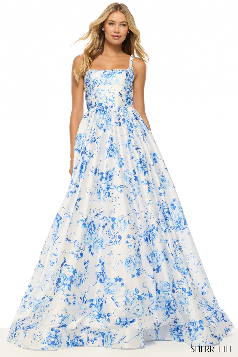 Sherri Hill 57789 prom dress images.  Sherri Hill 57789 is available in these colors: Ivory Blue Print.